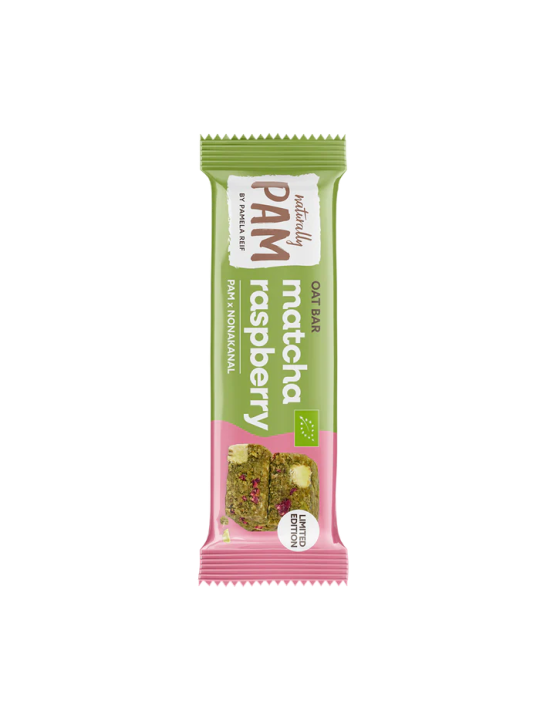 Avižų batonėlis su matcha ir avietėmis Naturally Pam Oat Bar