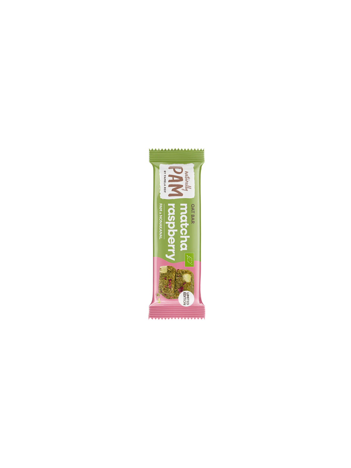 Avižų batonėlis su matcha ir avietėmis Naturally Pam Oat Bar
