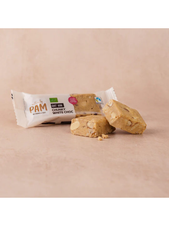 Avižų batonėlis su baltais kakavos sviesto gabalėliais Naturally Pam Oat Bar