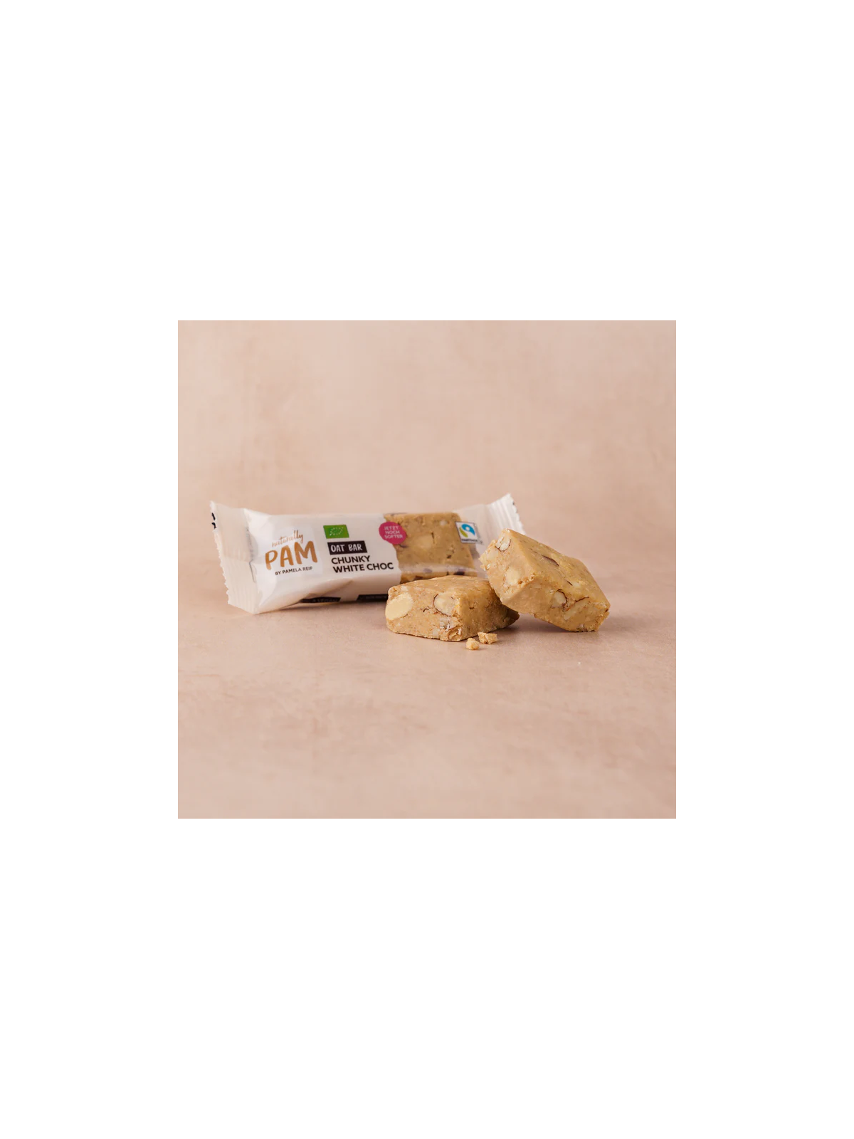 Avižų batonėlis su baltais kakavos sviesto gabalėliais Naturally Pam Oat Bar
