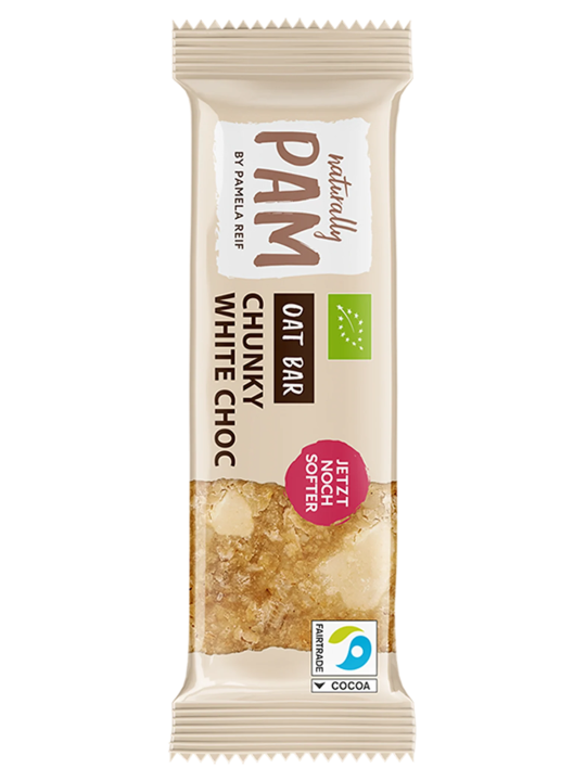 Avižų batonėlis su baltais kakavos sviesto gabalėliais Naturally Pam Oat Bar