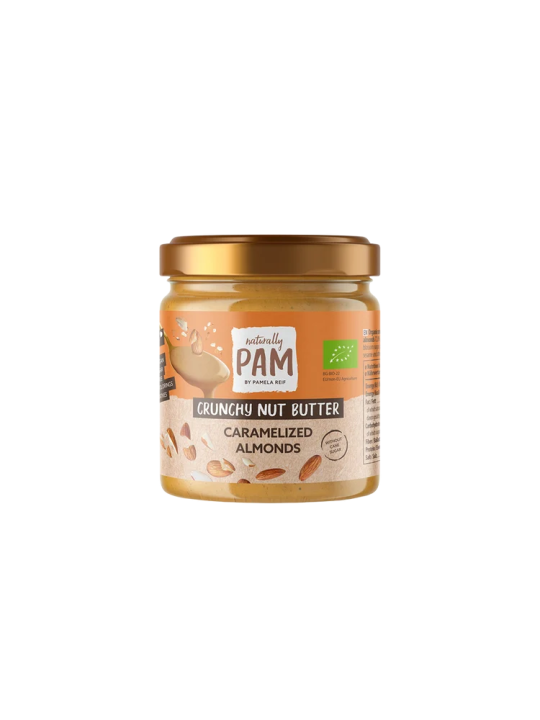 Traškus migdolų kremas su karamelizuotais migdolais Naturally Pam Crunchy Nut Butter