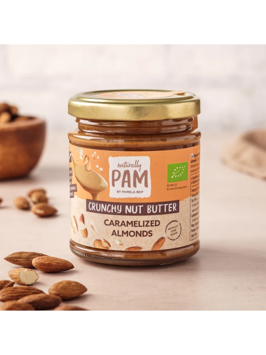 Traškus migdolų kremas su karamelizuotais migdolais Naturally Pam Crunchy Nut Butter