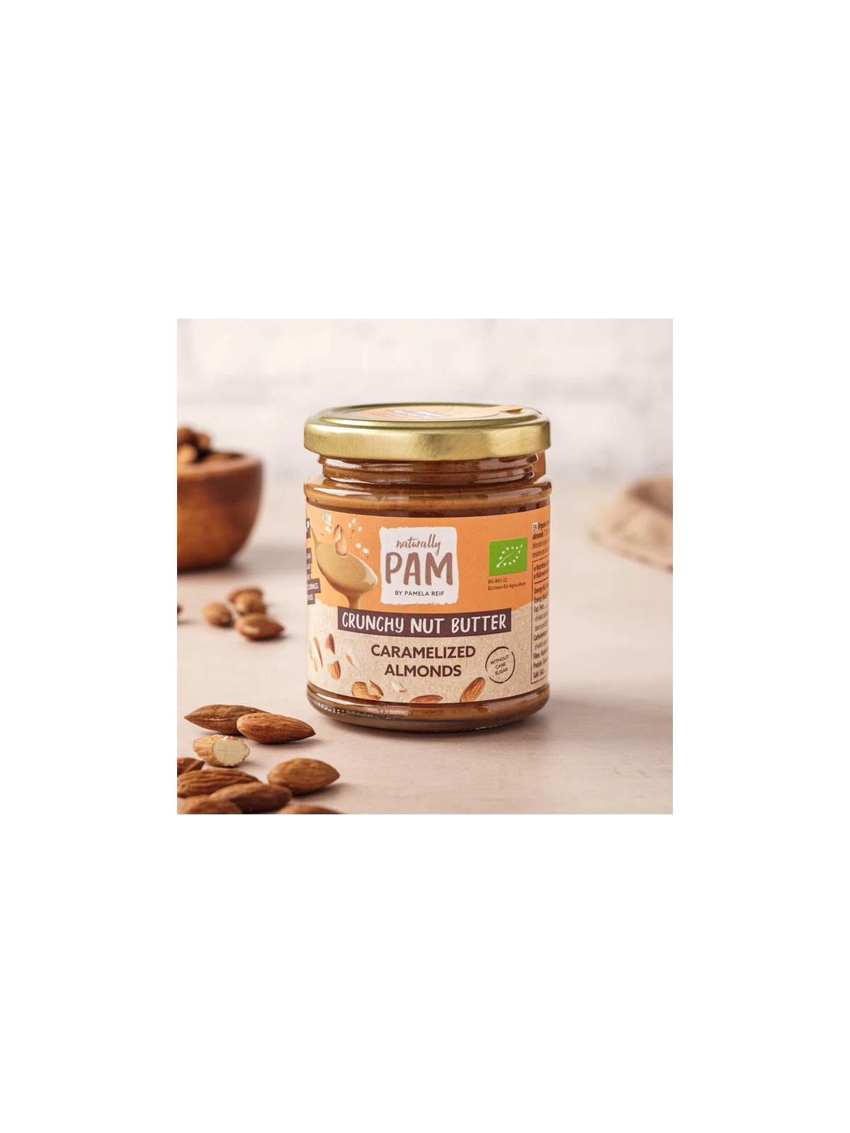 Traškus migdolų kremas su karamelizuotais migdolais Naturally Pam Crunchy Nut Butter